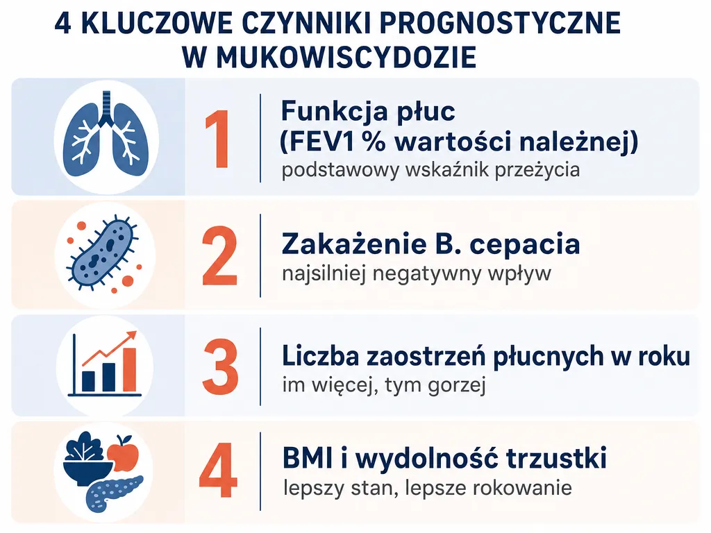 Infografika z czterema czynnikami rokowniczymi w mukowiscydozie: funkcja płuc FEV1, zakażenie B. cepacia, liczba zaostrzeń oraz BMI i wydolność trzustki