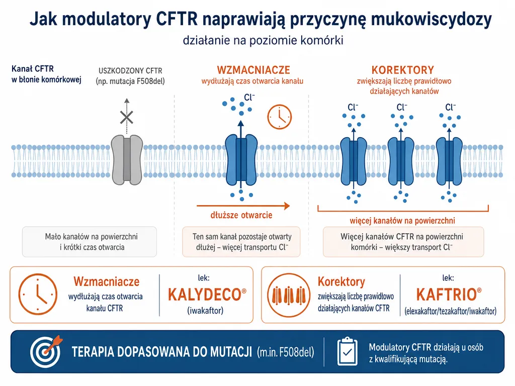 Diagram objaśniający działanie modulatorów CFTR: wzmacniacze przedłużające aktywność kanałów oraz korektory zwiększające liczbę prawidłowych kanałów białka CFTR