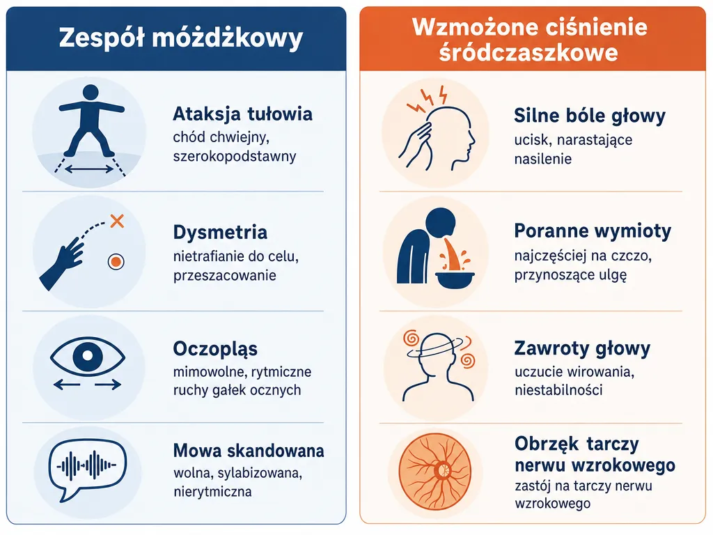 Diagram objawów guza móżdżku podzielonych na zespół móżdżkowy i wzmożone ciśnienie śródczaszkowe