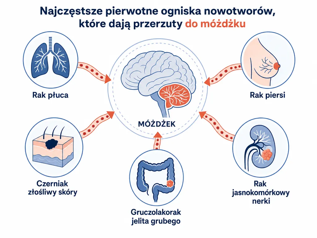 Infografika przedstawiająca najczęstsze ogniska pierwotne przerzutów do móżdżku