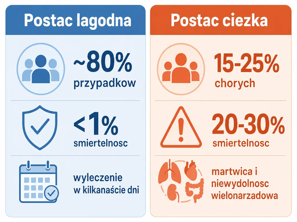Infografika porownujaca postac lagodna i ciezka ostrego zapalenia trzustki wraz ze smiertelnoscia