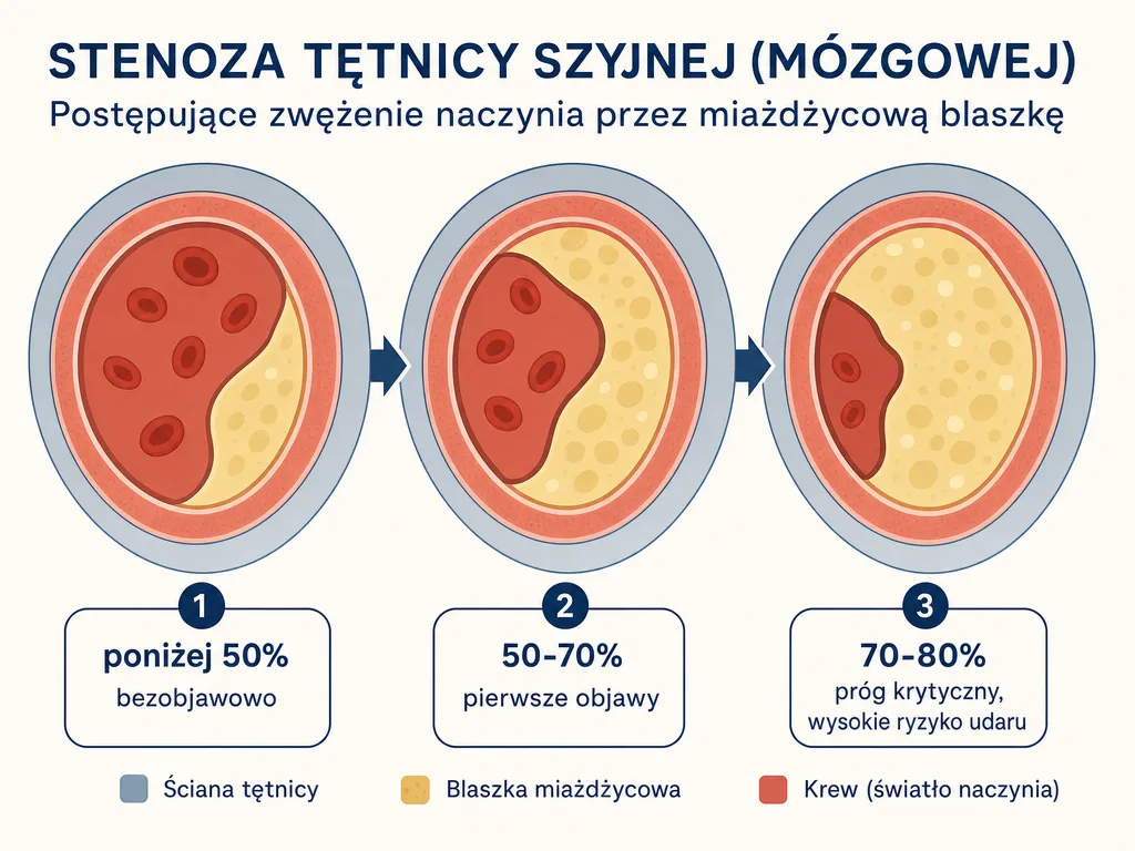 Diagram pokazujący stopnie zwężenia tętnicy mózgowej przez blaszkę miażdżycową od poniżej 50% do krytycznego 70-80%