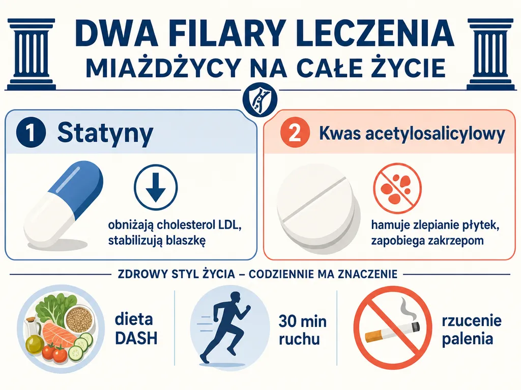 Infografika przedstawiająca filary leczenia miażdżycy: statyny, kwas acetylosalicylowy oraz zmiany stylu życia