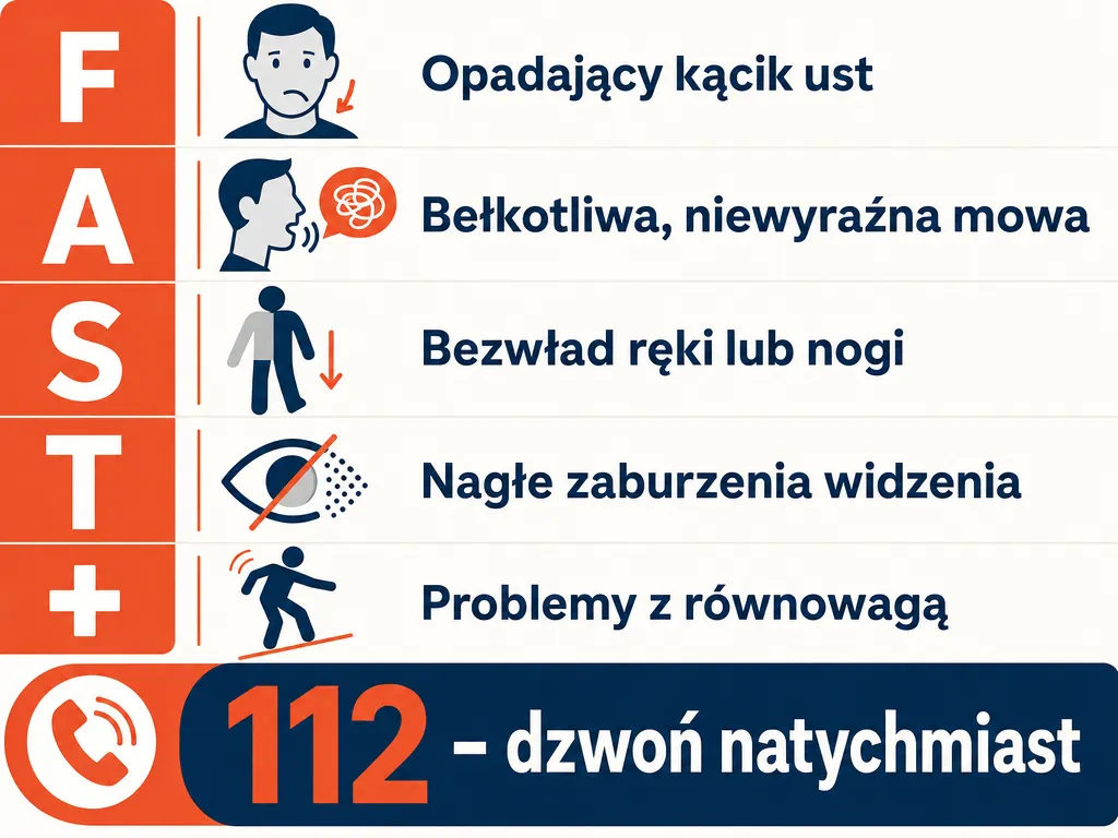 Infografika z alarmowymi objawami udaru mózgu i numerem alarmowym 112