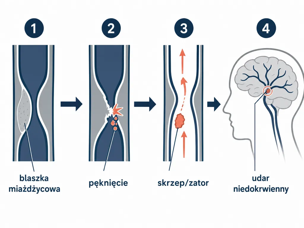 Diagram czterech etapów powstawania udaru niedokrwiennego z blaszki miażdżycowej tętnicy szyjnej