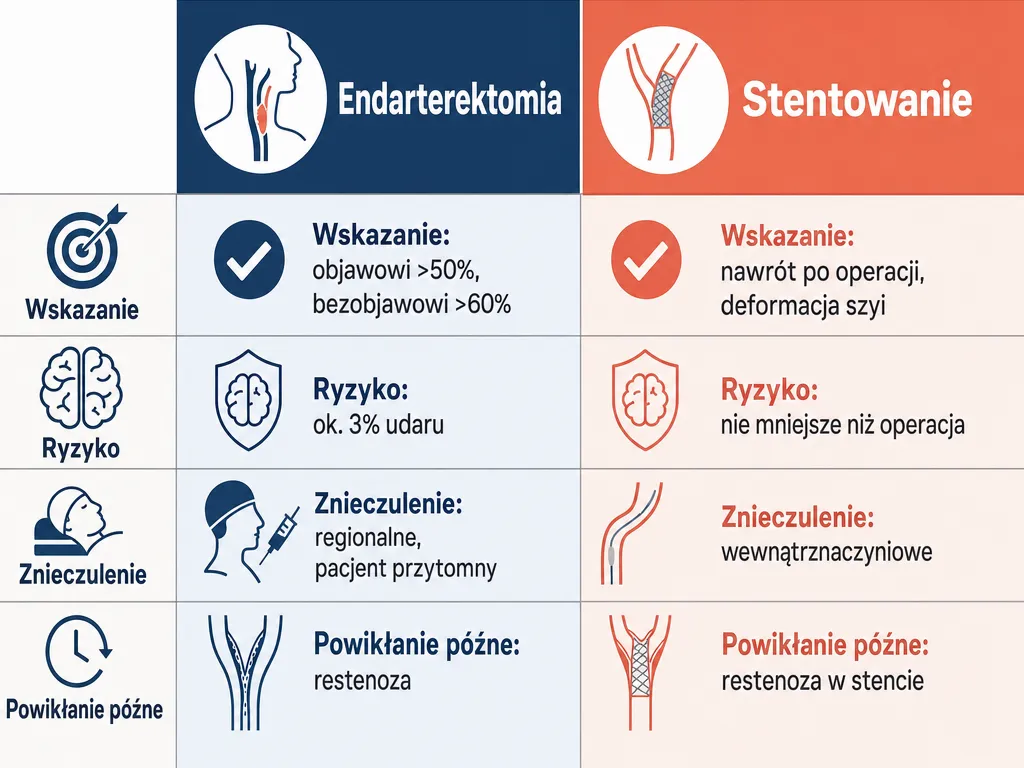 Infografika porównująca endarterektomię i stentowanie tętnicy szyjnej: wskazania, ryzyko, znieczulenie i powikłania
