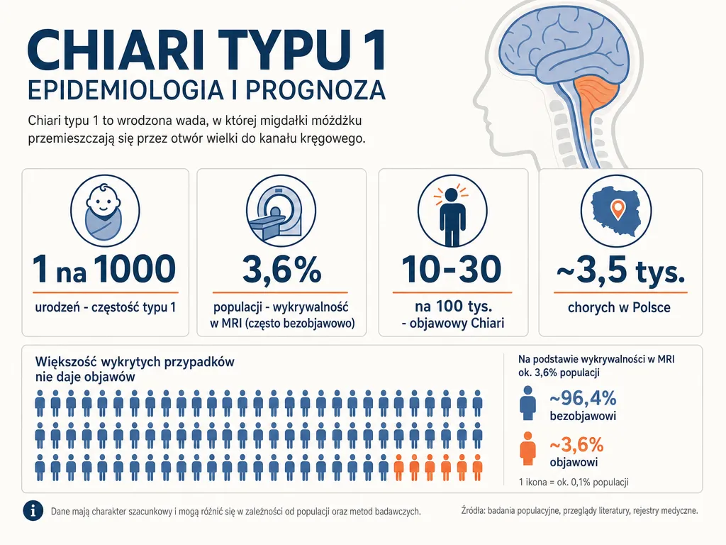 Infografika z danymi epidemiologicznymi zespołu Chiari typu 1: częstość, wykrywalność MRI i liczba objawowych chorych
