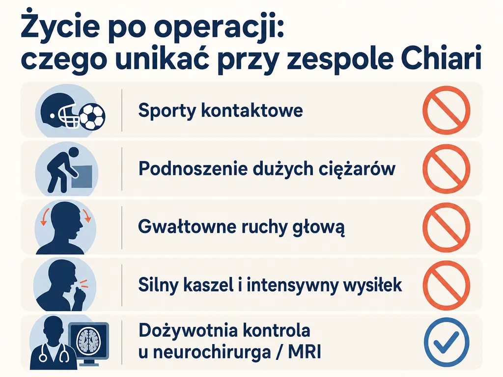 Infografika-checklista czynności, których należy unikać przy zespole Chiari po operacji