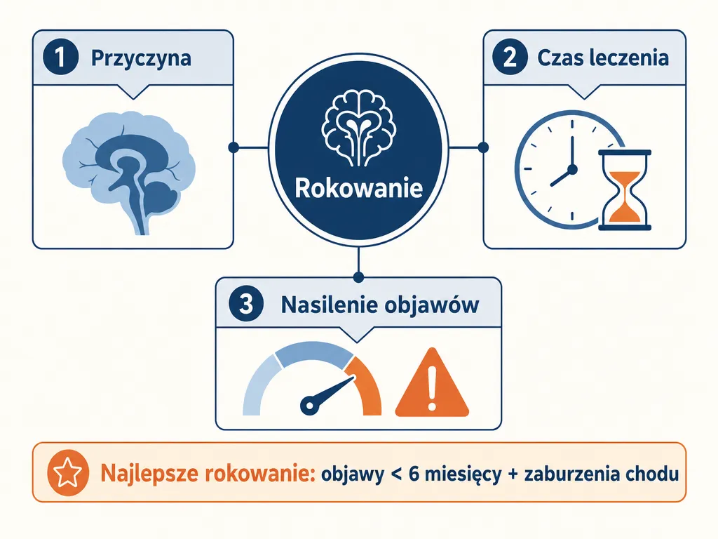 Diagram trzech czynników wpływających na rokowanie w wodogłowiu u dorosłych: przyczyna, czas leczenia i nasilenie objawów
