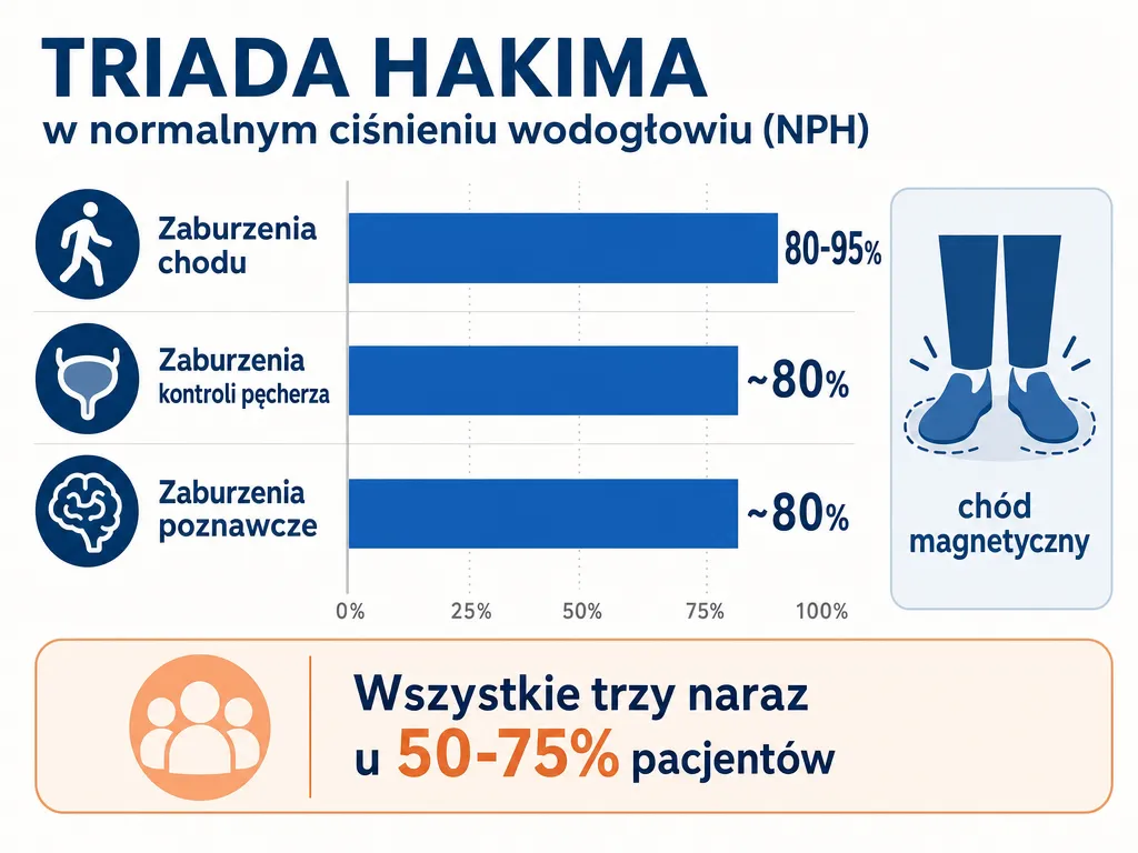 Infografika triady Hakima - częstość objawów wodogłowia normotensyjnego: zaburzenia chodu 80-95%, pęcherza 80%, poznawcze 80%