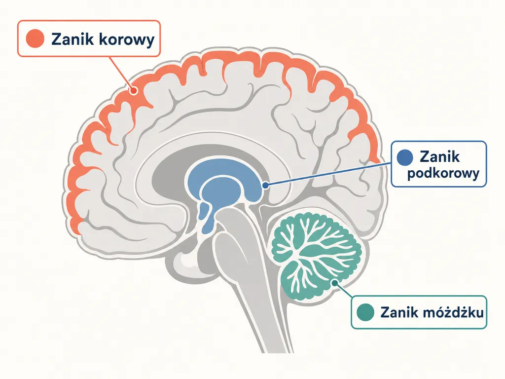 Diagram porownujacy zanik korowy, podkorowy i mozdzku na przekroju mozgu