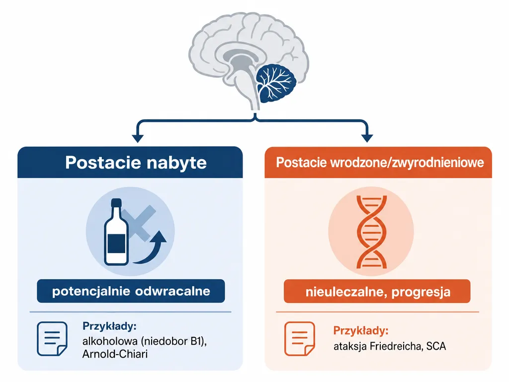 Infografika porównująca postacie odwracalne i nieodwracalne zaniku móżdżku oraz ich wpływ na rokowanie