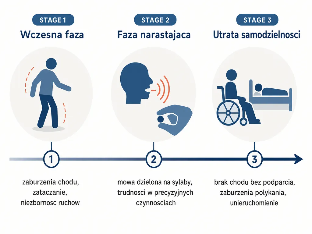 Diagram etapów postępu zaniku móżdżku od wczesnych objawów do utraty samodzielności