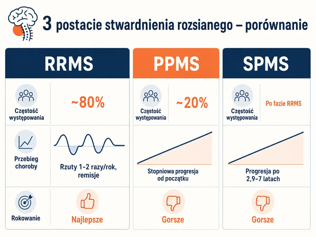Infografika porównująca trzy postacie stwardnienia rozsianego RRMS, PPMS i SPMS wraz z częstością i rokowaniem