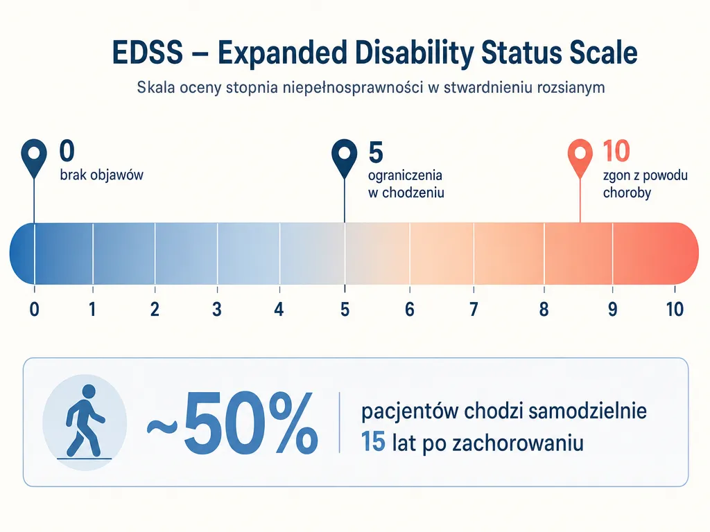 Diagram skali EDSS od 0 do 10 opisującej stopień niepełnosprawności w stwardnieniu rozsianym