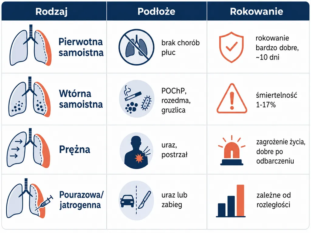 Infografika porównująca cztery rodzaje odmy płucnej: pierwotną samoistną, wtórną, prężną i pourazową wraz z rokowaniem