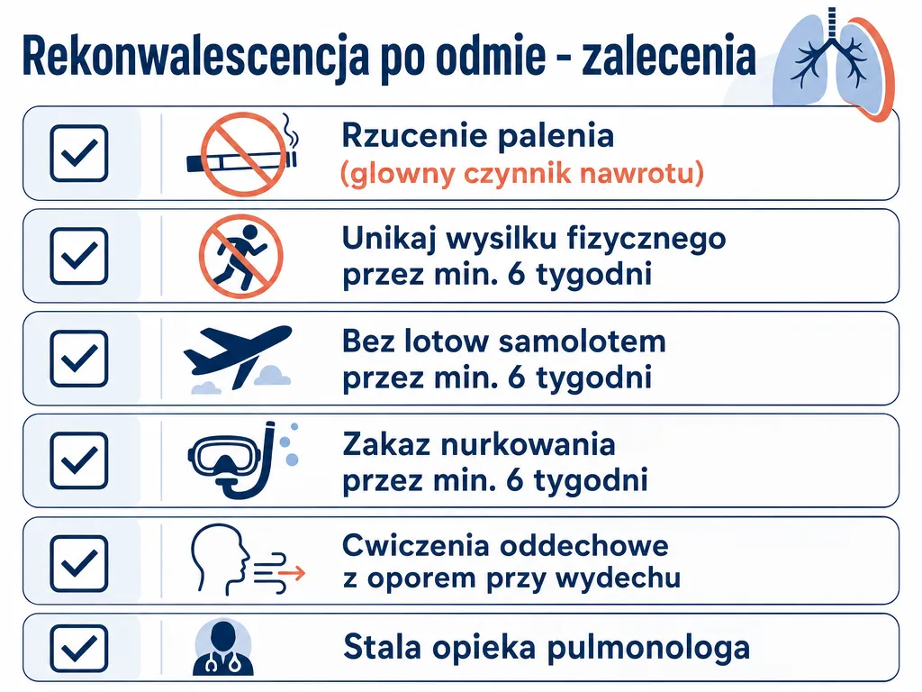 Wizualna checklista zaleceń po odmie płucnej: rzucenie palenia, unikanie wysiłku, lotów i nurkowania przez 6 tygodni
