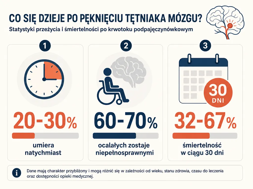 Infografika przedstawiająca statystyki śmiertelności i przeżywalności po pęknięciu tętniaka mózgu