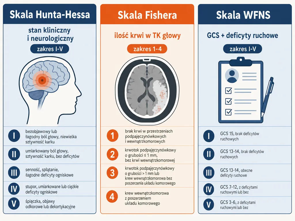 Infografika porównująca trzy skale oceny rokowania: Hunta-Hessa, Fishera i WFNS