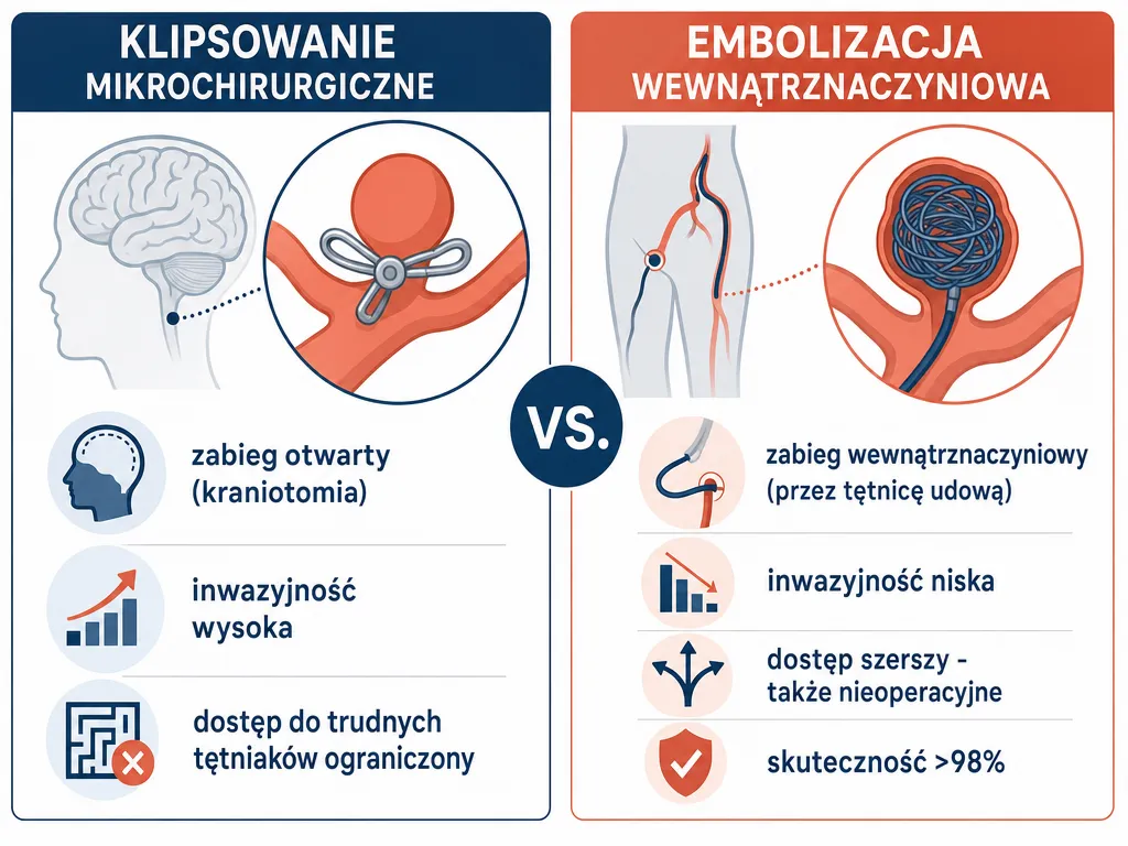 Infografika porównująca klipsowanie mikrochirurgiczne i embolizację wewnątrznaczyniową tętniaka mózgu