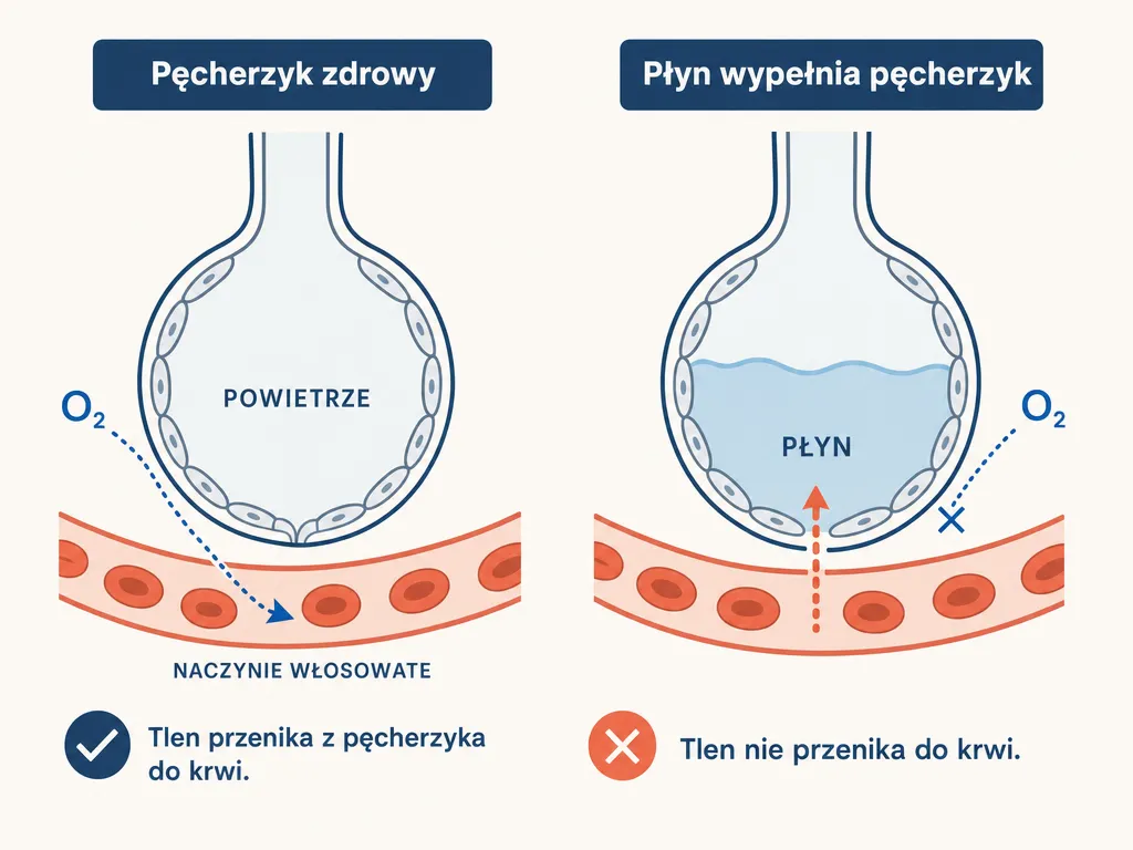 Diagram mechanizmu obrzęku płuc pokazujący gromadzenie płynu w pęcherzyku płucnym i blokadę wymiany tlenu