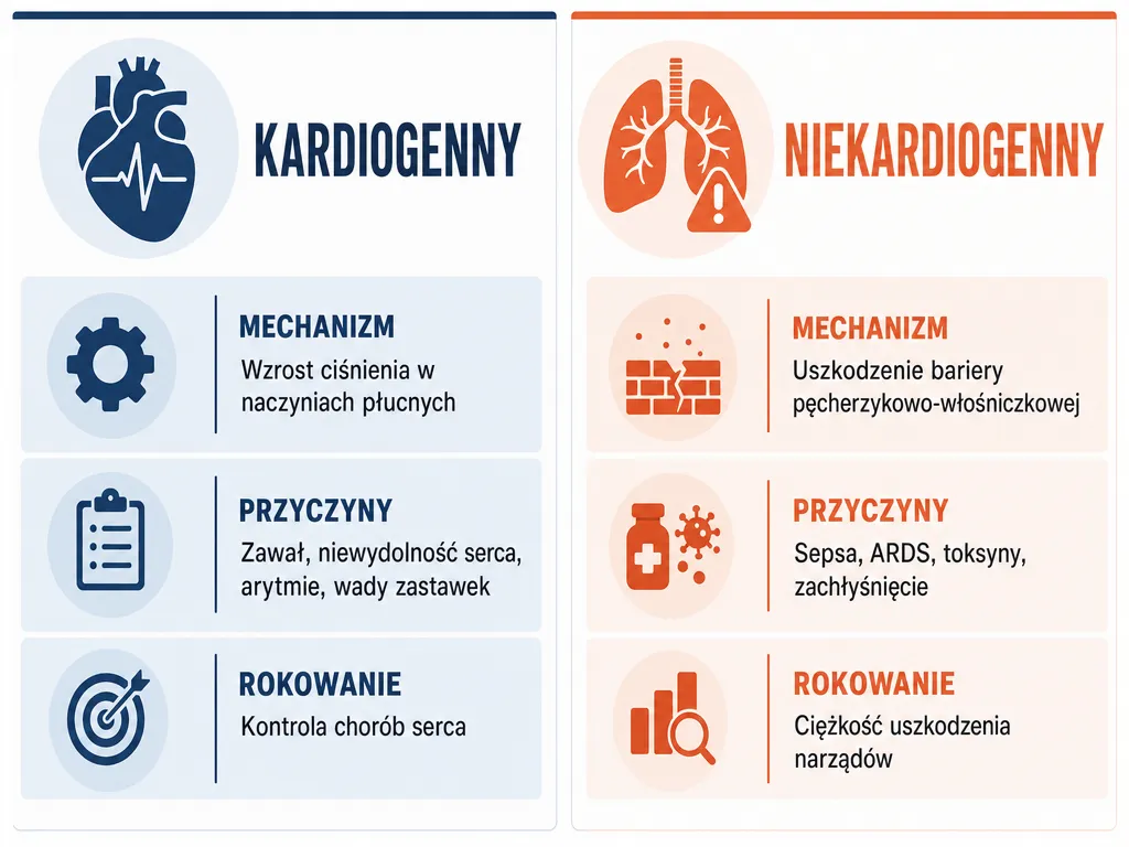 Infografika porównująca obrzęk płuc kardiogenny i niekardiogenny pod względem mechanizmu, przyczyn i rokowania