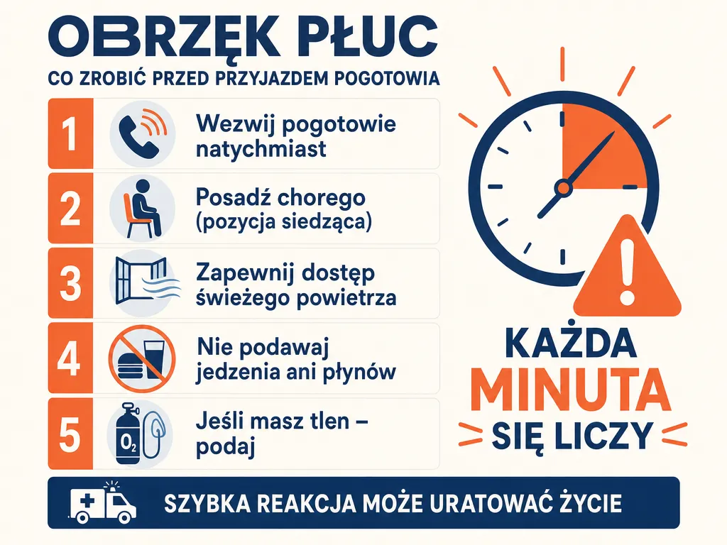 Infografika z checklistą pierwszej pomocy przy obrzęku płuc do przyjazdu pogotowia