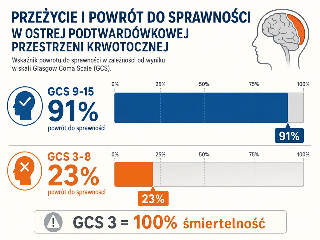 Infografika porównująca szanse powrotu do sprawności w ostrym krwiaku podtwardówkowym w zależności od wyniku w skali Glasgow