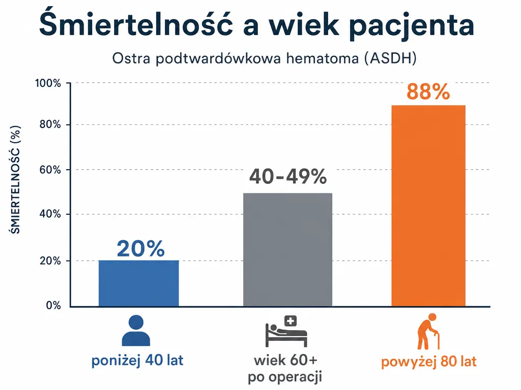 Wykres słupkowy pokazujący wzrost śmiertelności w ostrym krwiaku podtwardówkowym wraz z wiekiem pacjenta, od 20% poniżej 40 lat do 88% powyżej 80 lat