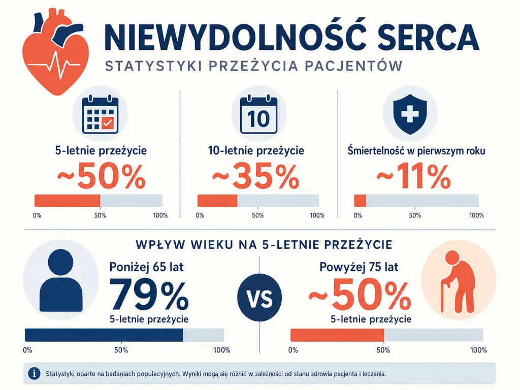 Infografika przedstawiająca statystyki przeżywalności w niewydolności serca: 5-letnią, 10-letnią oraz wpływ wieku