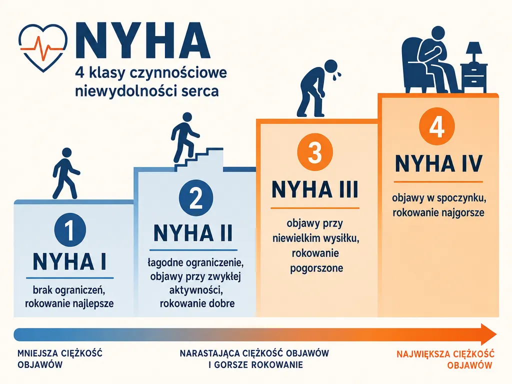 Diagram czterech klas czynnościowych NYHA z opisem objawów i rokowania na skali nasilenia