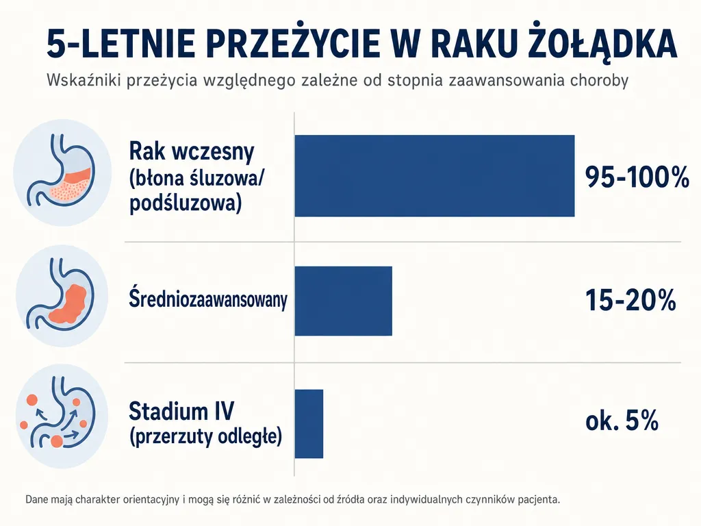 Wykres słupkowy porównujący 5-letnie przeżycie w raku żołądka według stadium: rak wczesny 95-100%, średniozaawansowany 15-20%, stadium IV około 5%