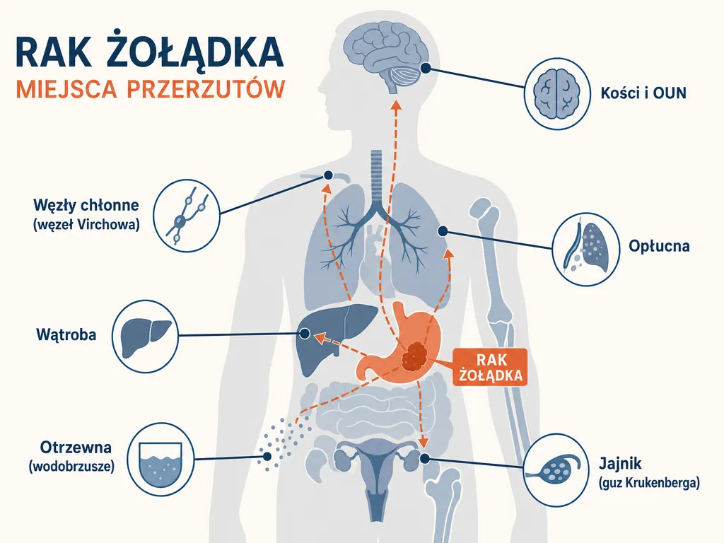 Schemat anatomiczny pokazujący lokalizacje przerzutów raka żołądka: węzły chłonne, wątroba, otrzewna, jajnik, opłucna, kości i OUN