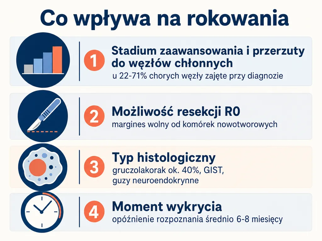 Infografika przedstawiająca cztery czynniki wpływające na rokowania w raku dwunastnicy: stadium, resekcyjność, typ histologiczny i moment wykrycia