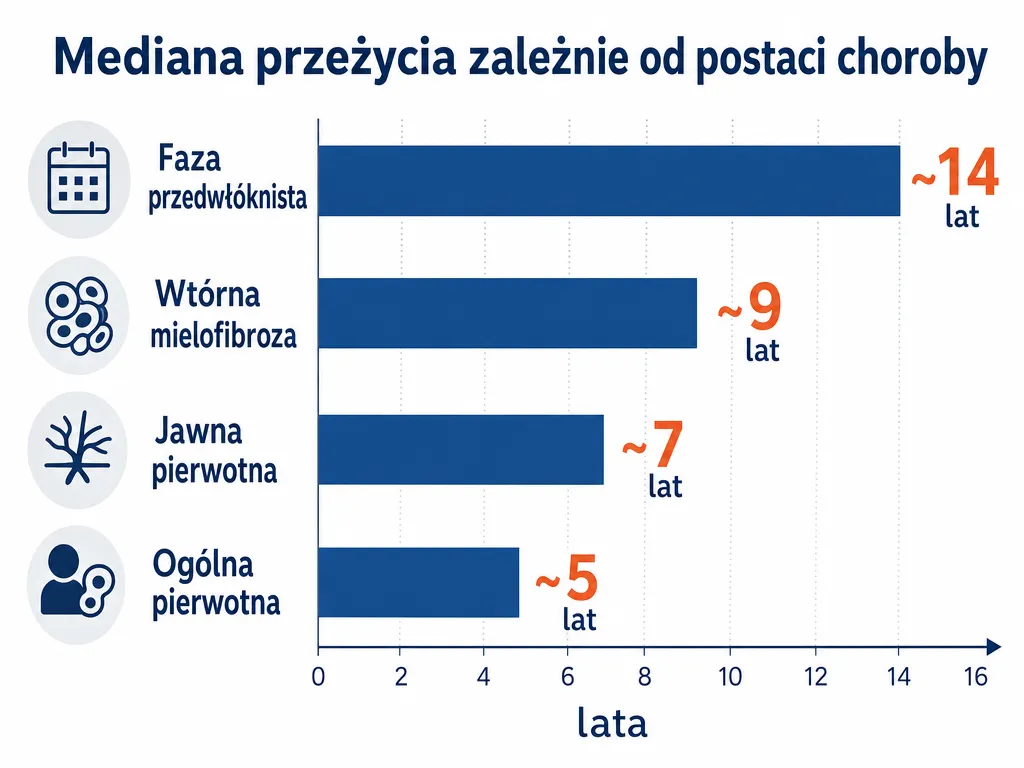 Wykres słupkowy porównujący medianę przeżycia w zależności od postaci mielofibrozy: faza przedwłóknista 14 lat, wtórna 9 lat, jawna pierwotna 7 lat, ogólna pierwotna 5 lat