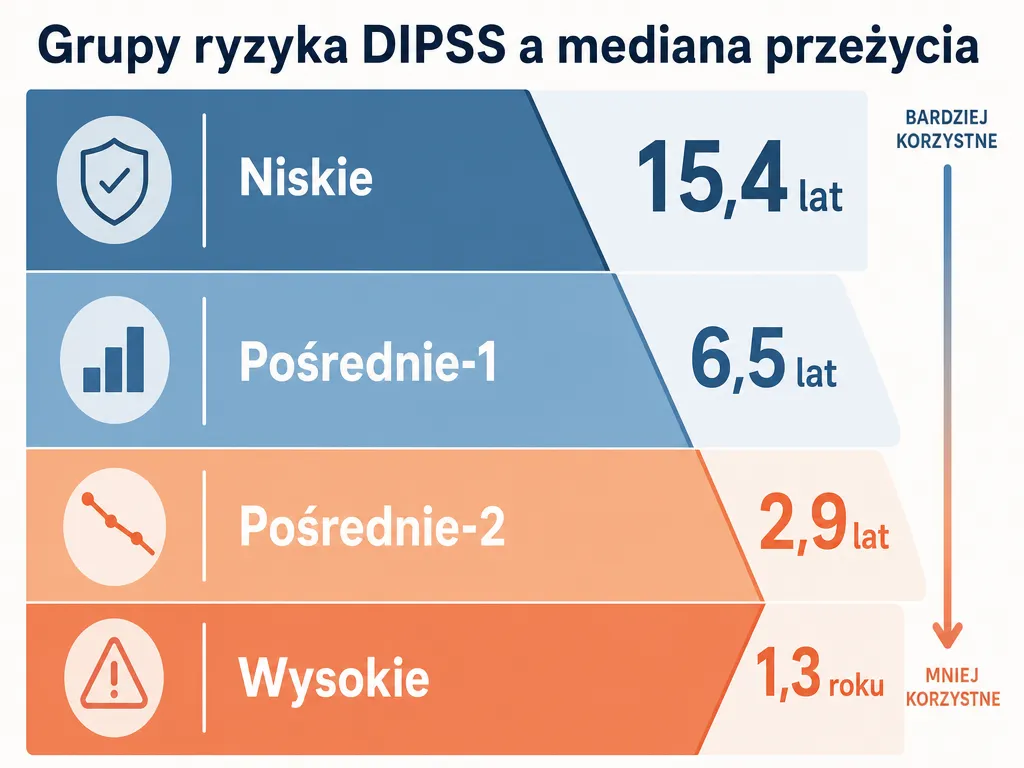 Infografika czterech grup ryzyka DIPSS w mielofibrozie z medianą przeżycia od 15,4 lat (niskie ryzyko) do 1,3 roku (wysokie ryzyko)