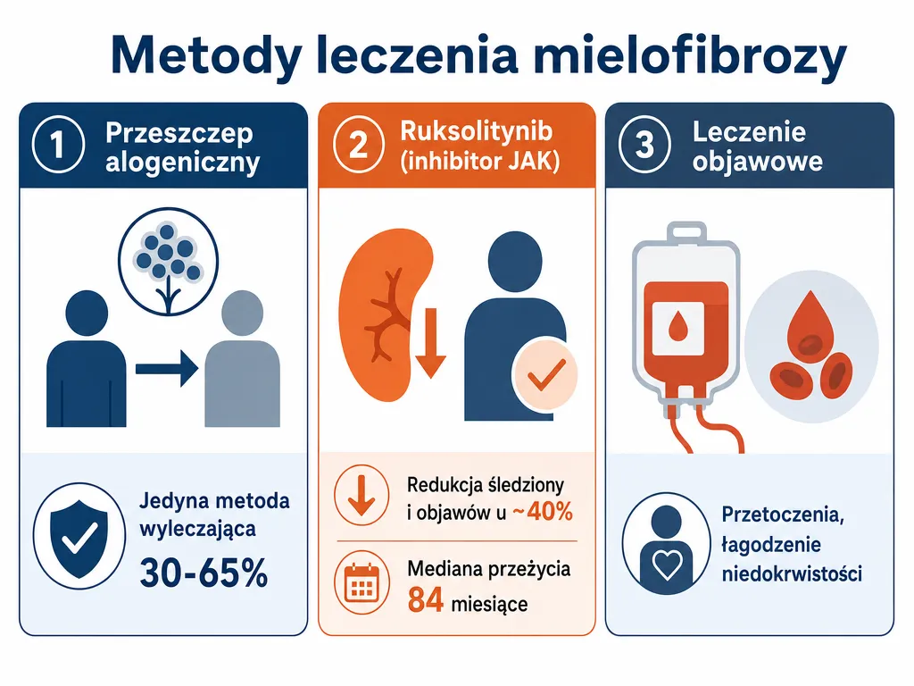 Infografika porównująca trzy metody leczenia mielofibrozy: przeszczep alogeniczny, ruksolitynib i leczenie objawowe wraz z ich skutecznością