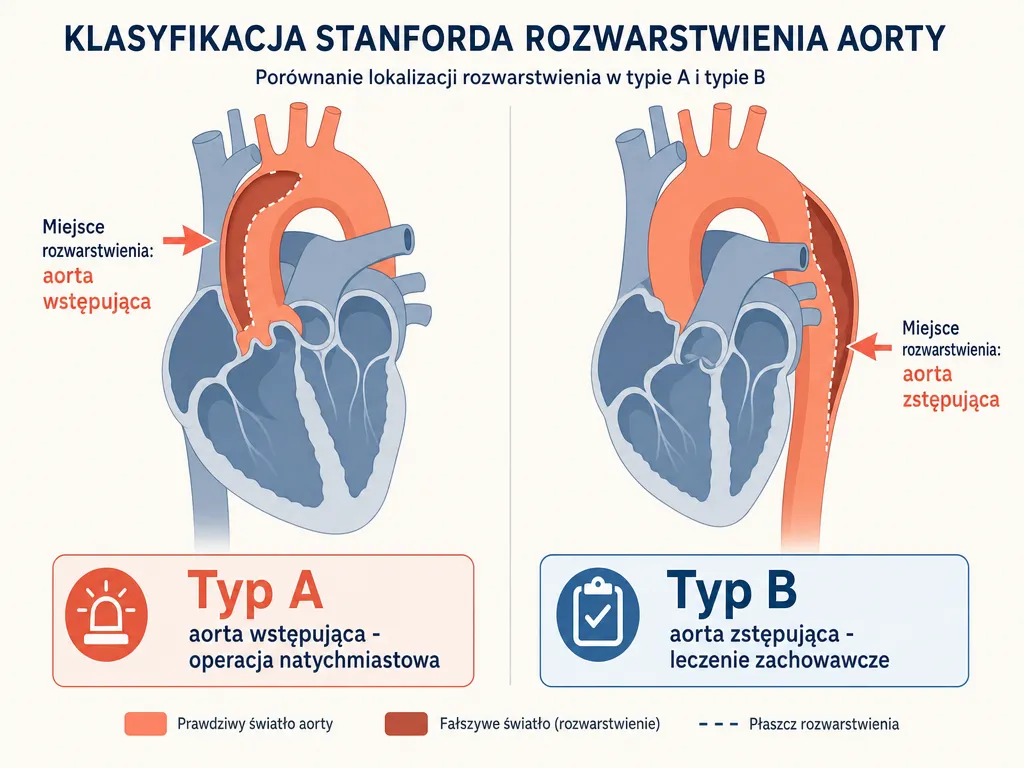 Diagram porównujący typ A i typ B rozwarstwienia aorty według klasyfikacji Stanford