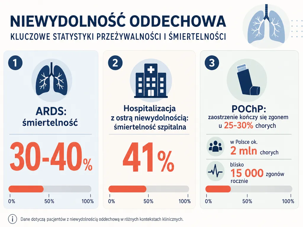 Infografika przedstawiająca dane o śmiertelności w ARDS, hospitalizacji i POChP oraz przeżywalności