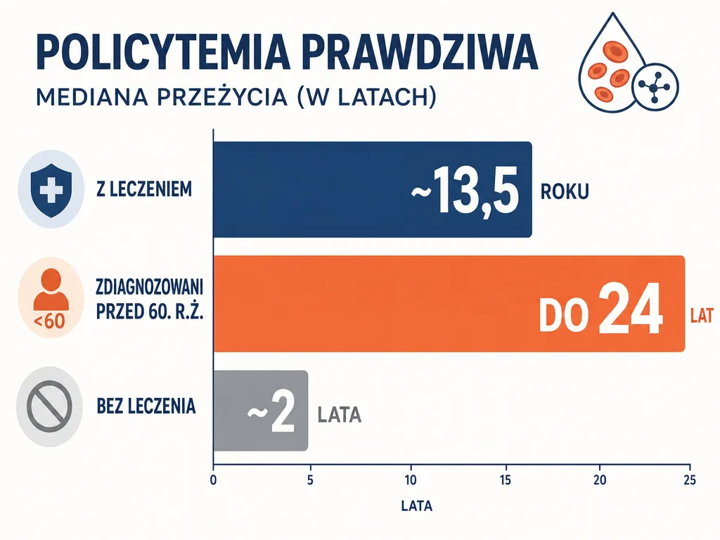 Wykres słupkowy porównujący medianę przeżycia w czerwienicy prawdziwej: z leczeniem 13,5 roku, przed 60. r.ż. do 24 lat, bez leczenia około 2 lata
