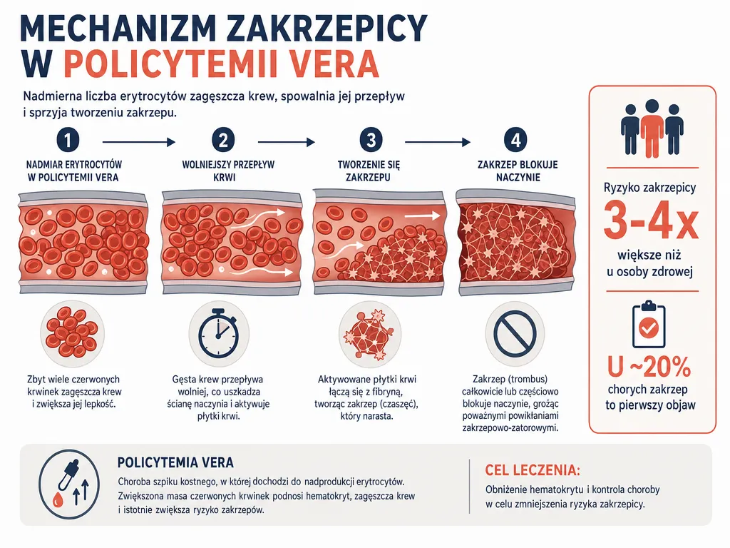 Diagram mechanizmu zakrzepicy w czerwienicy prawdziwej: zagęszczona krew z nadmiarem erytrocytów i tworzący się skrzep w naczyniu