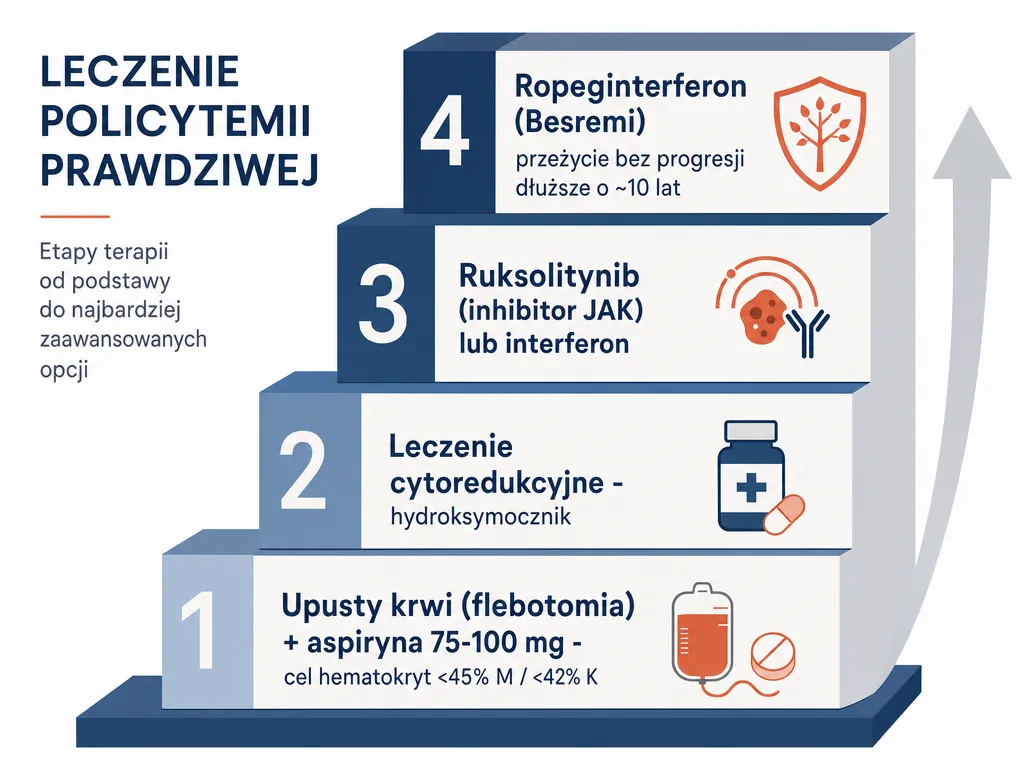 Infografika schodkowa przedstawiająca etapy leczenia czerwienicy prawdziwej: od upustów krwi i aspiryny po ruksolitynib i ropeginterferon