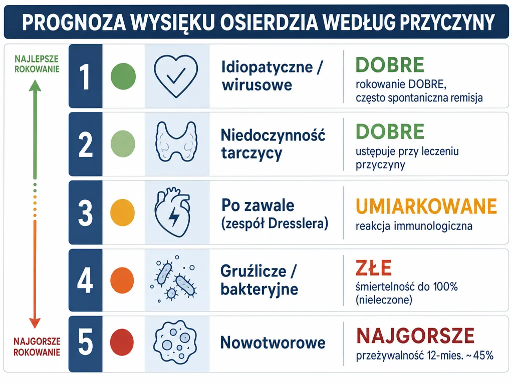 Infografika porównująca rokowanie przy płynie w osierdziu według przyczyny: od idiopatycznego po nowotworowy