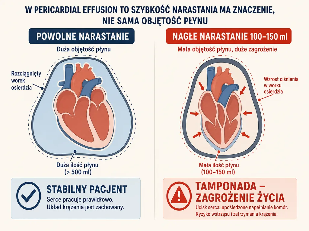 Diagram porównujący powolne i nagłe narastanie płynu w osierdziu oraz ich wpływ na serce