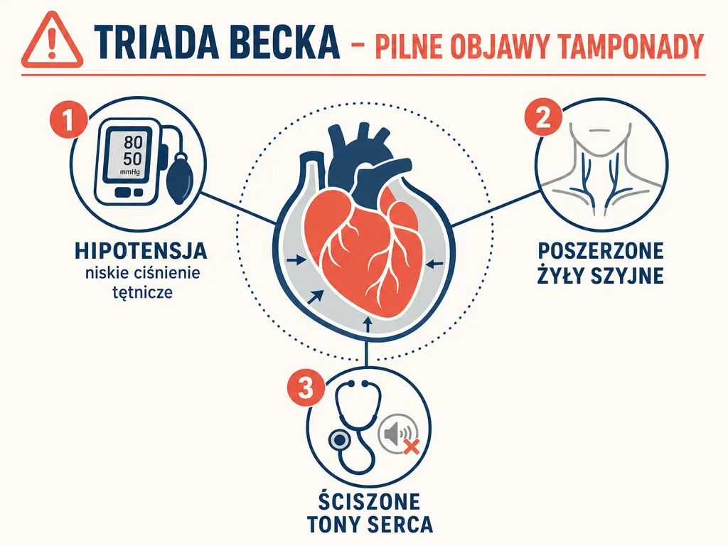 Infografika przedstawiająca triadę Becka: hipotensja, poszerzone żyły szyjne i ściszone tony serca