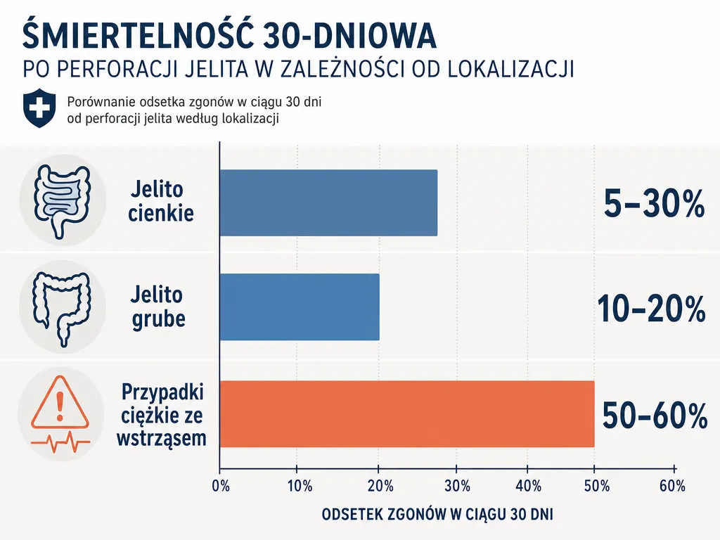 Infografika porównująca śmiertelność 30-dniową w perforacji jelita według lokalizacji: jelito cienkie, jelito grube i przypadki ciężkie