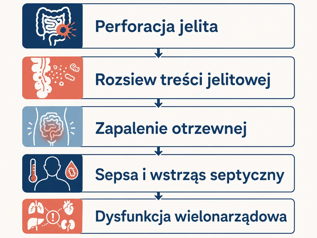Diagram kaskady powikłań perforacji jelita prowadzącej od pęknięcia ściany do dysfunkcji wielonarządowej