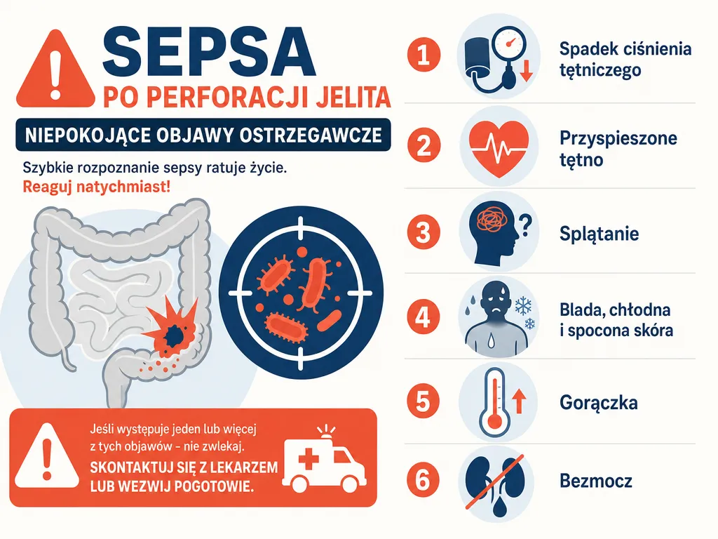 Wizualna lista objawów sepsy po perforacji jelita wymagających natychmiastowej pomocy medycznej