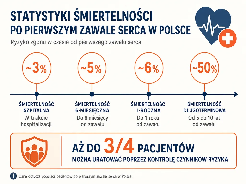 Infografika przedstawiająca śmiertelność po zawale serca: szpitalną, roczną i w perspektywie 5-10 lat