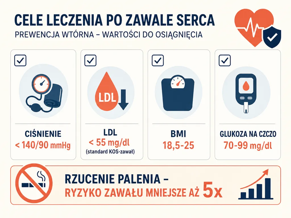 Infografika z docelowymi wartościami profilaktyki wtórnej po zawale: ciśnienie, LDL, BMI, glukoza